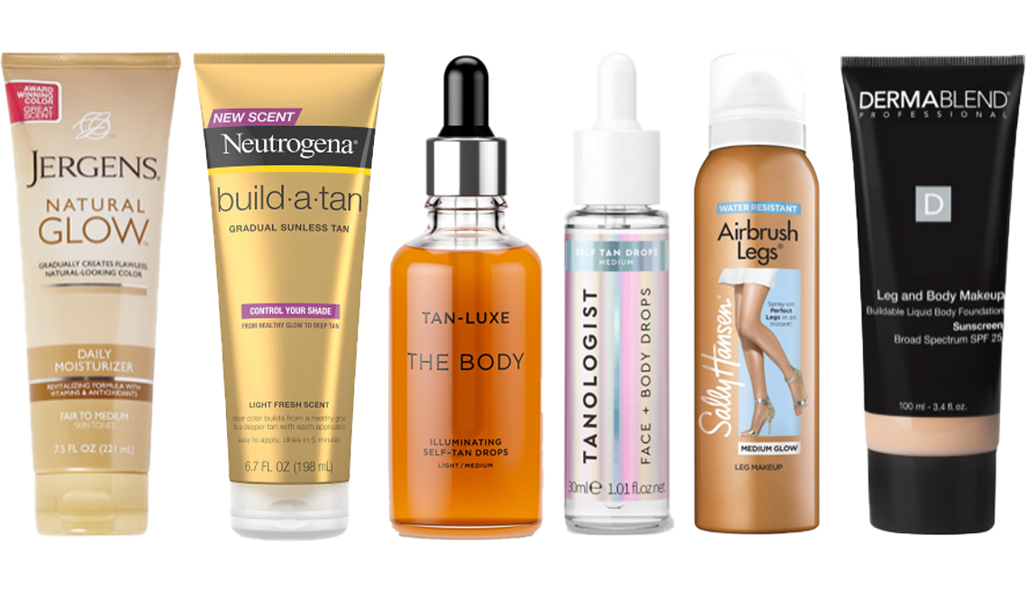 Crema Jergens Natural Glow Daily Moisturizer; Neutrogena Build a Tan Lotion; Tan-Luxe The Body Illuminating Self-Tan Drops; Tanologist Face + Body Drops; Sally Hansen Airbrush Legs Spray; maquillaje para piernas y cuerpo Dermablend Leg and Body Makeup