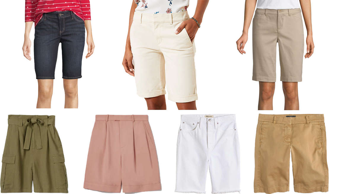 Bermudas elásticas de Liz Claiborne; bermudas de Loft; bermudas de St. John's Bay; shorts de sarga de J.Crew; shorts de mezclilla largos de Madewell; shorts de vestir plisados de Everlane; shorts tipo bermudas de A New Day