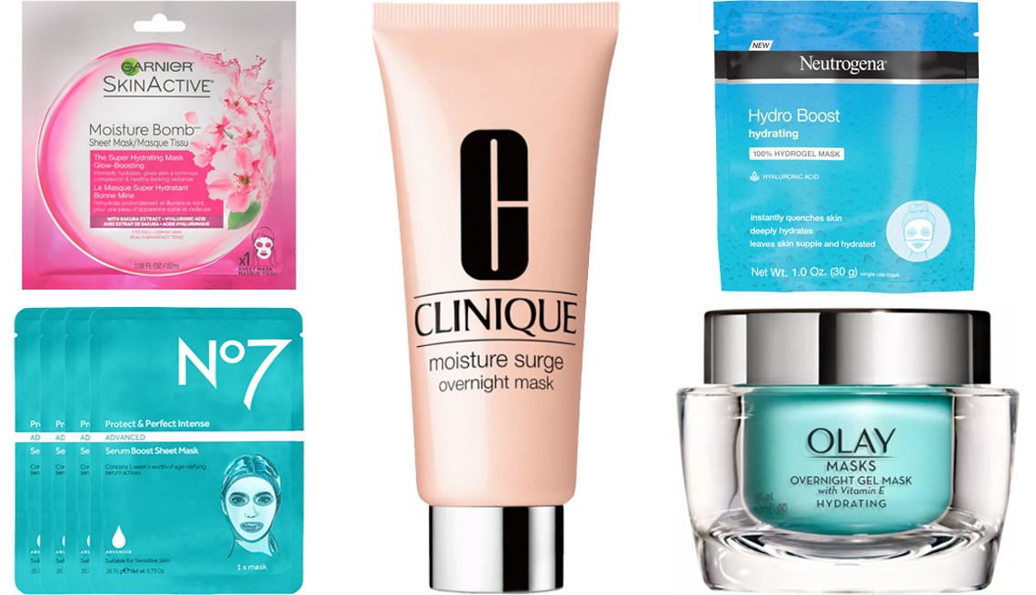item 1 of Gallery image - Garnier Skin Active Moisture Bomb Sheet Mask Number 7 Protect and Perfect Advanced Serum Boost Sheet Mask Clinique Moisture Surge Overnight Mask Neutrogena Moisturizing Hydro Boost Hydrating Face Mask Olay Hydrating Overnight Gel Mask with Vitamin E 
