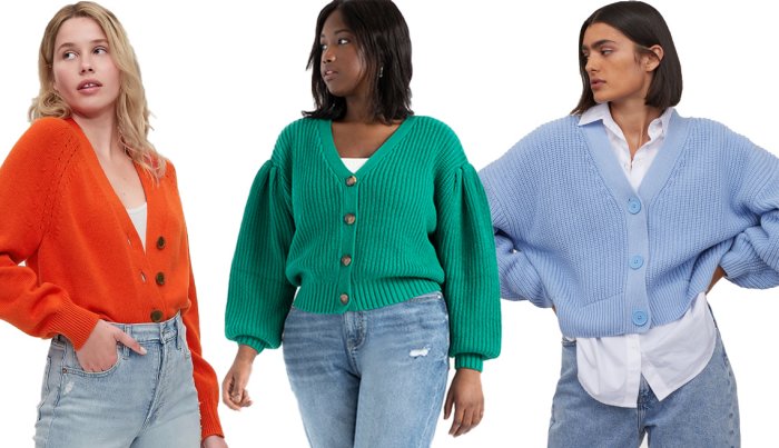item 6 of Gallery image Gap Slouchy Cardigan in Grenadine Orange Eloquii Sweater Cardigan with Pleated Sleeve in Dark Green H and M Rib Knit Cardigan in Light Blue
