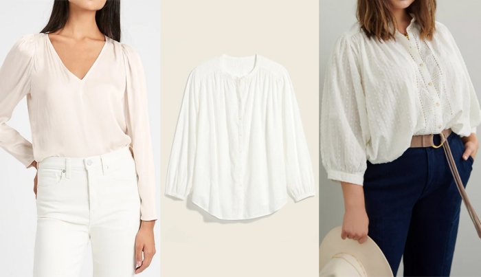 item 4 of Gallery image Banana Republic Soft Satin Puff-Sleeve Top in White; Old Navy Oversized Textured Clip-Dot Button-Down Blouse for Women in Calla Lily White; Anthropologie The Tavi Buttondown in Ivory