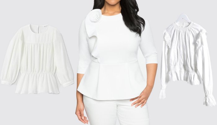 item 7 of Gallery image Prologue Women’s Bishop Long Sleeve Shirred Waist Top; Eloquii Rosette Ruffle Peplum Top in White; Topshop at Asos Shirred Embroidered Blouse in White