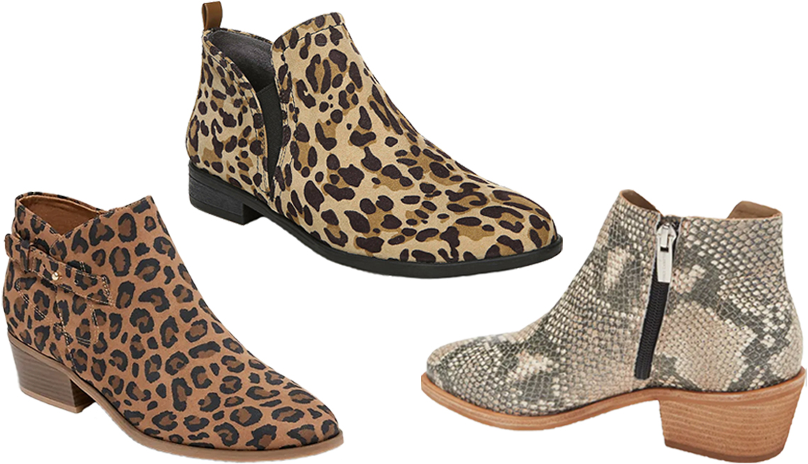 item 3 of Gallery image - Old Navy Faux-Suede Side-Buckle Ankle Booties for women in leopard print; Dr. Scholl's Ramble Bootie in tan/black leopard print; Vince Camuto Arendara Bootie in natural snake print leather