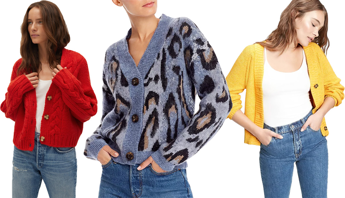 item 6 of Gallery image - (De izquierda a derecha) Mango Cable-Knit Cardigan en rojo; Aqua Leopard Cardigan Sweater en azul; Gap Textured Cardigan en amarillo sol.