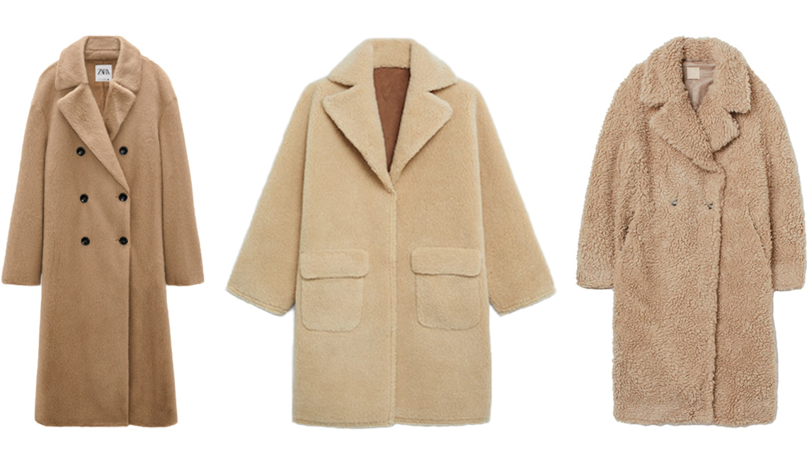 item 7 of Gallery image - (De izquierda a derecha) Zara Faux Fur Wrap Coat en marrón topo; Mango Reversible Faux Shearling-Lined Coat en beige; H&M Wool-Blend Faux Shearling Coat en beige.