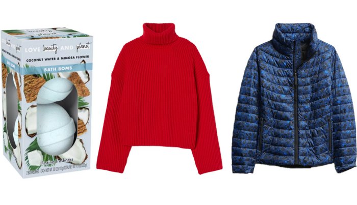 item 4 of Gallery image Love Beauty & Planet Coconut Water & Mimosa Flower Fizzing Freshness Bath Bombs; H&M Conscious Ribbed Turtleneck Sweater in red; Gap Upcycled Lightweight Puffer Jacket in blue cheetah print