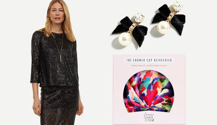 item 11 of Gallery image H&M 3/4 Sleeve Top in black/sequins; J.Crew Festive Bow Pearl Earrings; Shhhowercap The Fetti