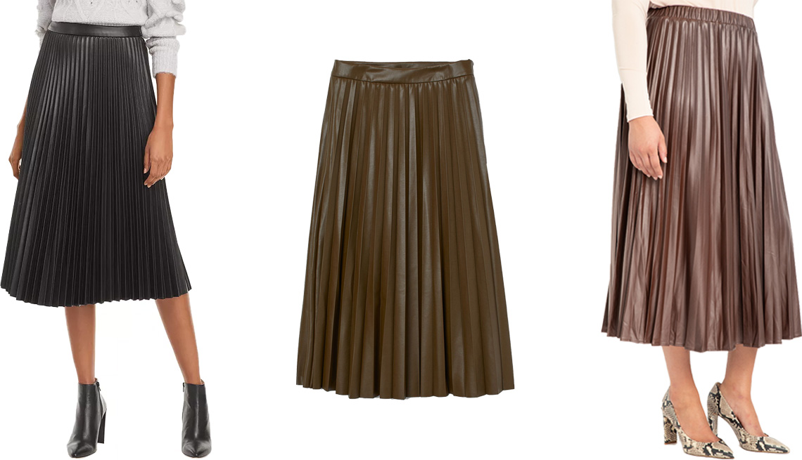 item 5 of Gallery image - (De izquierda a derecha) Falda Lucy Paris Faux Leather Pleated Skirt; falda H&M Faux Leather Skirt en verde caqui; falda Eloquii Pleated Faux Leather Skirt en chocolate fundido.