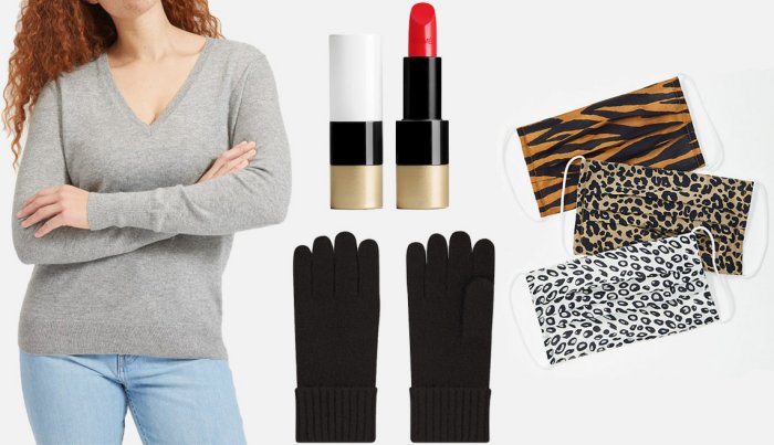 item 6 of Gallery image Everlane Cashmere V-Neck in heather grey; Hermès Rouge Hermes Satin Lipstick in rouge casaque; Uniqlo Cashmere Knitted Gloves in 09 black; Loft Face Masks
