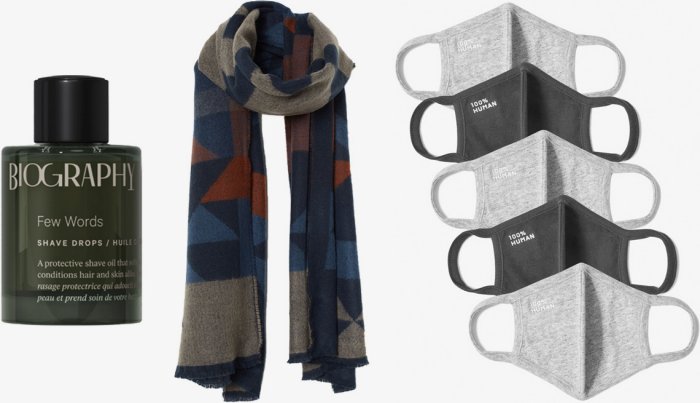 item 7 of Gallery image Biography Few Words Shave Drops; H&M Men’s Jacquard Weave Scarf in blue/patterned; Everlane The 100% Human Face Mask 5-Pack in grey/black