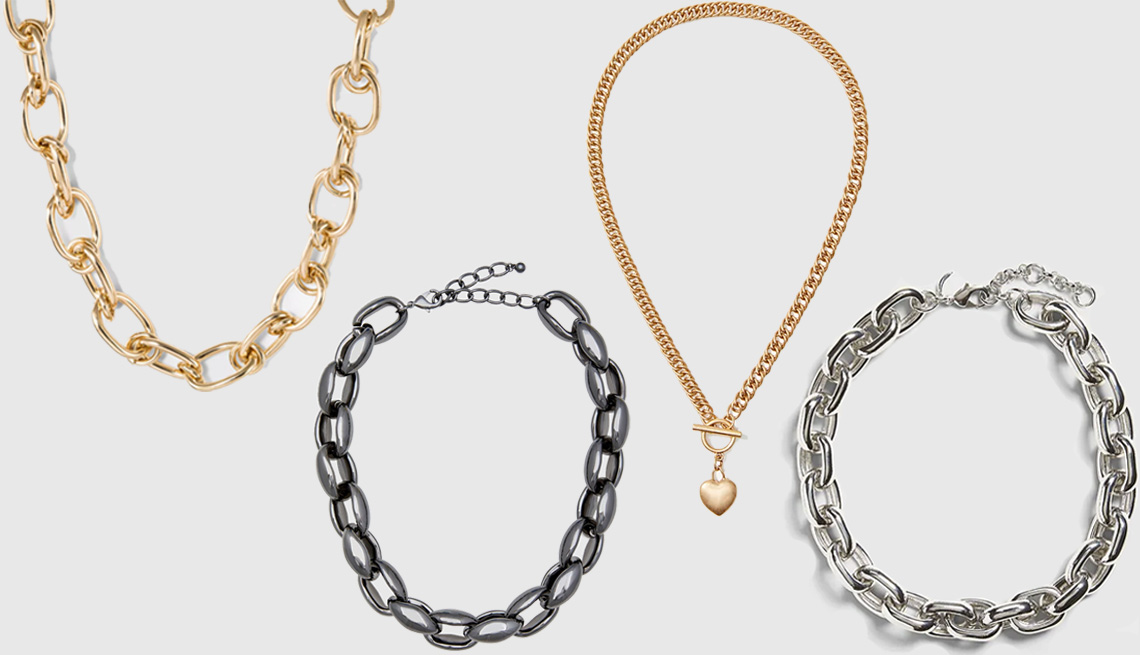 item 5 of Gallery image - A New Day Thick Chain Link Necklace in Gold; Eloquii Chunky Chain Necklace in Hematite; Loft Heart Y Necklace; Banana Republic Chunky Link Necklace