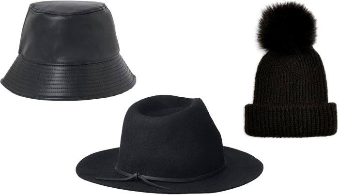 item 10 of Gallery image H&M Bucket Hat in black faux leather; Brixton Wesley Fedora in black; Topshop Pom Beanie