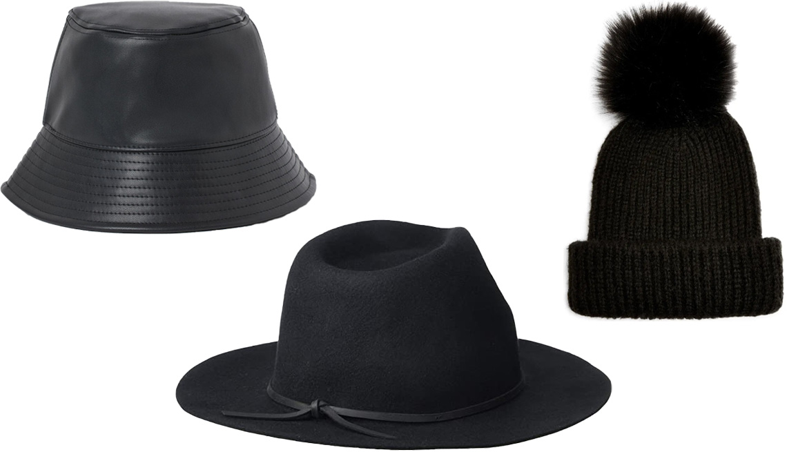 item 10 of Gallery image - H&M Bucket Hat in black faux leather; Brixton Wesley Fedora in black; Topshop Pom Beanie