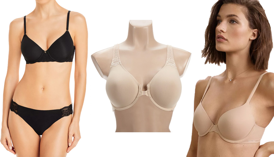 item 9 of Gallery image - Natori Bliss Perfection All Day Underwire Contour Bra in black; Wacoal Soft Embrace Front Close Underwire Bra 851311 in sand; Calvin Klein Perfectly Fit Full Coverage T-Shirt Bra in bare