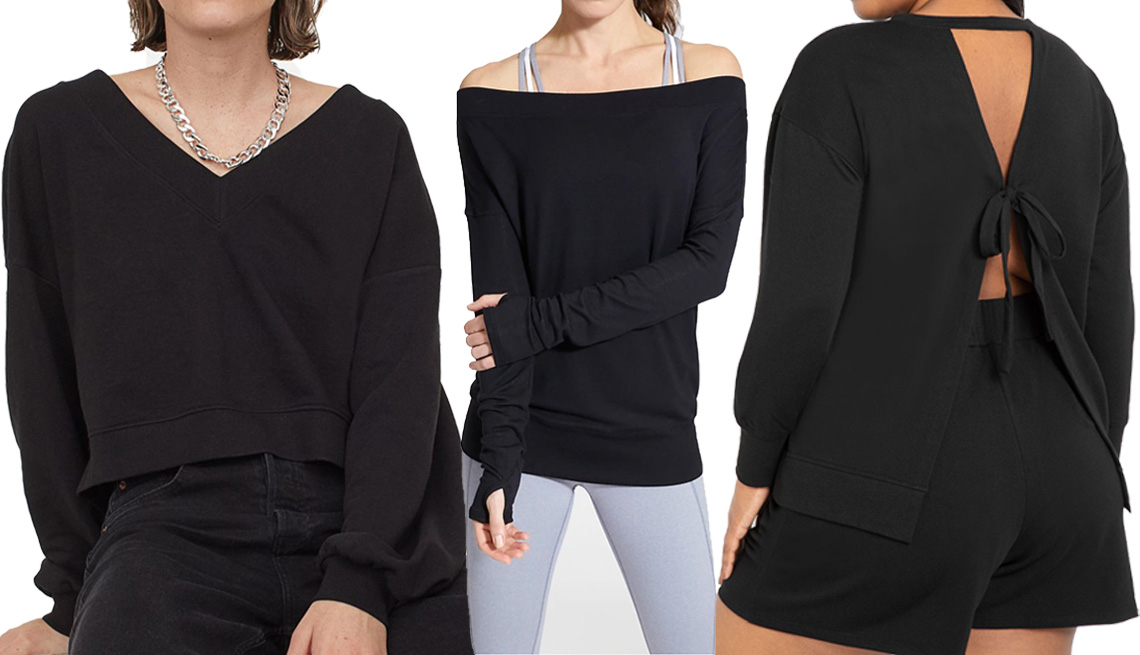 item 11 of Gallery image - H&M V-Neck Sweatshirt in black; Athleta Studio Barre Sweatshirt in black; Eloquii Tie Back Sweatshirt in black