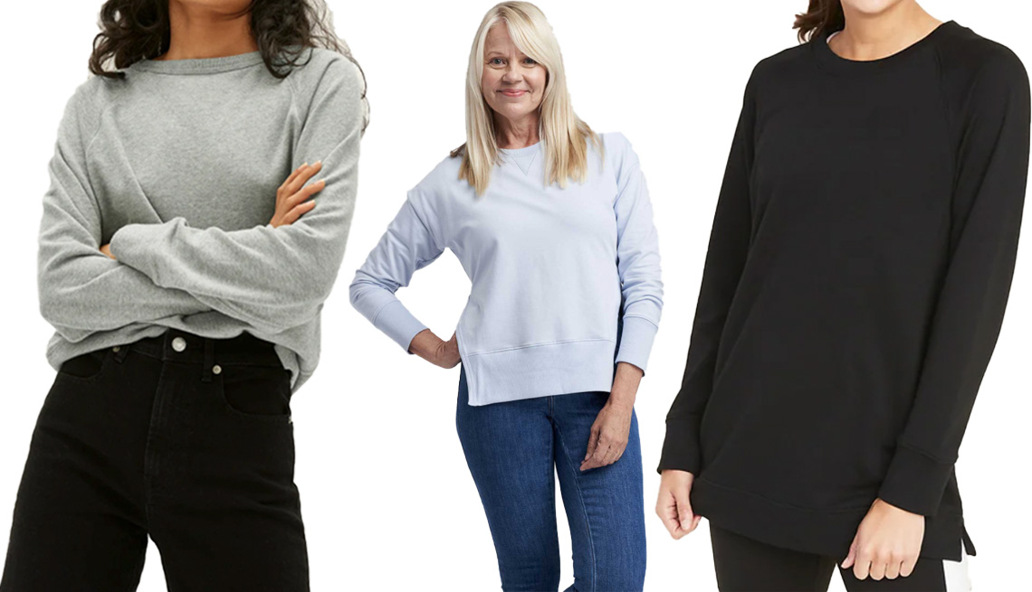 item 9 of Gallery image - Everlane's The Lightweight French Terry Crew in heather grey; Universal Standard Fiona Open Side Sweatshirt in light blue; Old Navy's Loose-Fit French-Terry Crew-Neck Tunic for Women in Black Jack