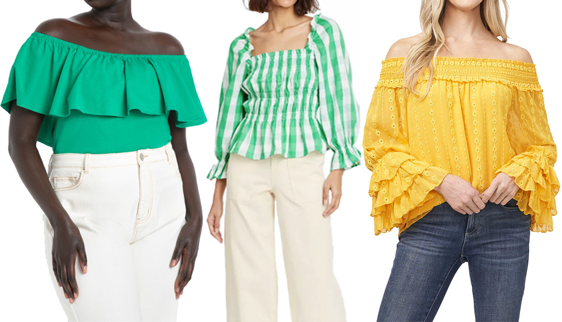 item 6 of Gallery image - Eloquii Off the Shoulder Ruffle Top in Jelly Bean; Who What Wear Women's Puff 3/4 Sleeve Smocked Peplum Top in Green; CeCe Off-the-Shoulder Floral Chain Embroidered Blouse in Golden Hour