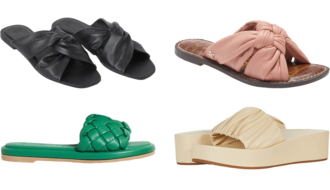 item 5 of Gallery image - H&M Leather Slides in black; Sam Edelman Garson Slide Sandal in Cali Rose; Aerosoles Dada in Off-White; Seychelles Puffy Woven Slide Sandals in green