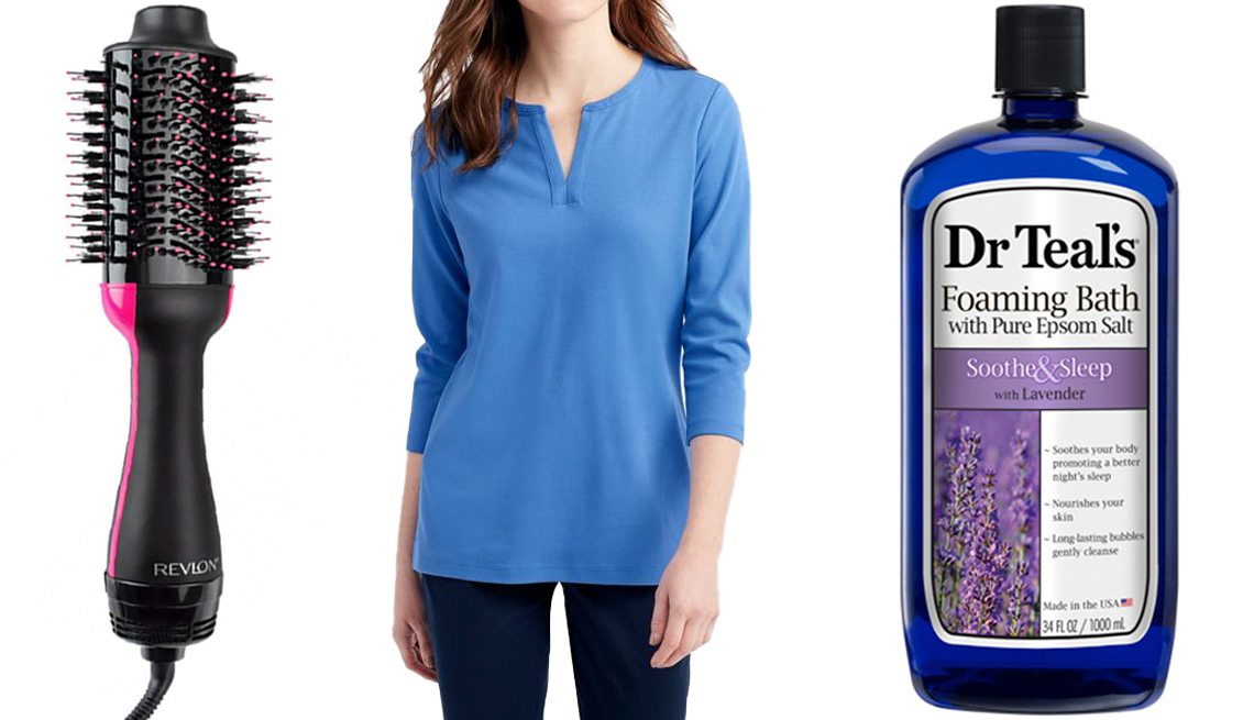 item 3 of Gallery image - Revlon Salon One-Step Hair Dryer and Volumizer; L.L. Bean Women's Tee Three-Quarter Sleeve Splitneck Tunic in bright blue; Dr. Teal's Foaming Bath Soothe and Sleep With Lavender