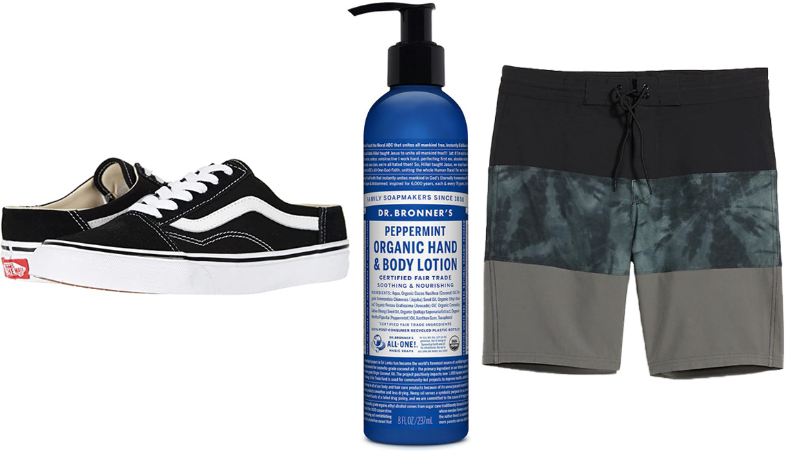 item 11 of Gallery image - Vans Old Skool Mules in Black/True White; Dr. Bronner’s Organic Hand & Body Lotion in Peppermint; Old Navy Color-Blocked Built-In Flex Board Shorts for Men 10-inch inseam in Black/Green Tie Dye/Gray