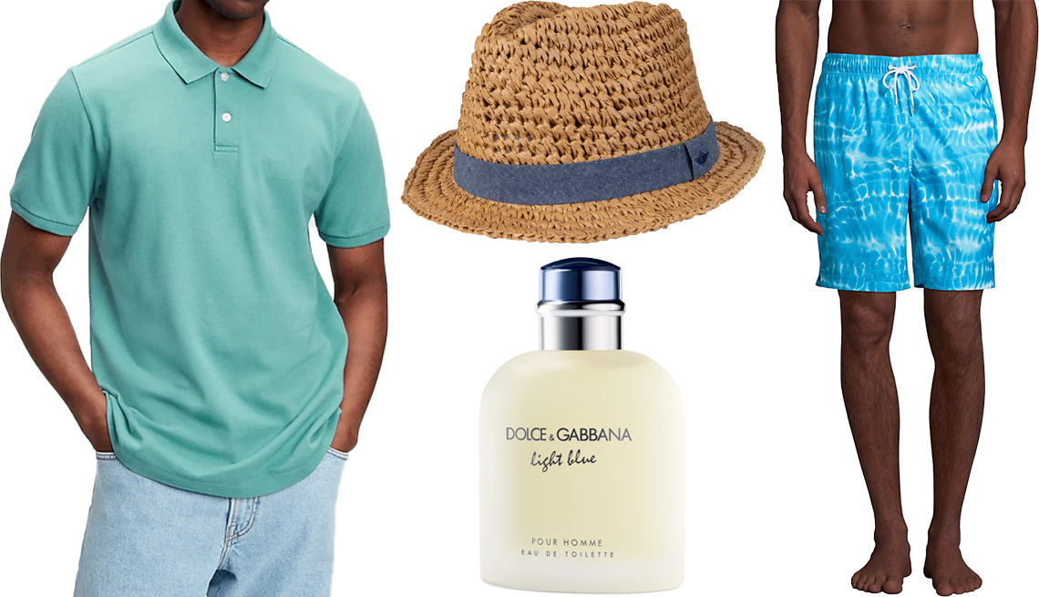 item 6 of Gallery image - Gap All Day Pique Polo Shirt in Deep Sea Glass Blue; Men’s Dockers Packable Fedora with Chambray Band; Lands’ End Men’s 8” Print Volley Swim Trunks in Turquoise Tie Dye Wave; Dolce & Gabbana Light Blue Eau de Toilette Natural Spray for Men