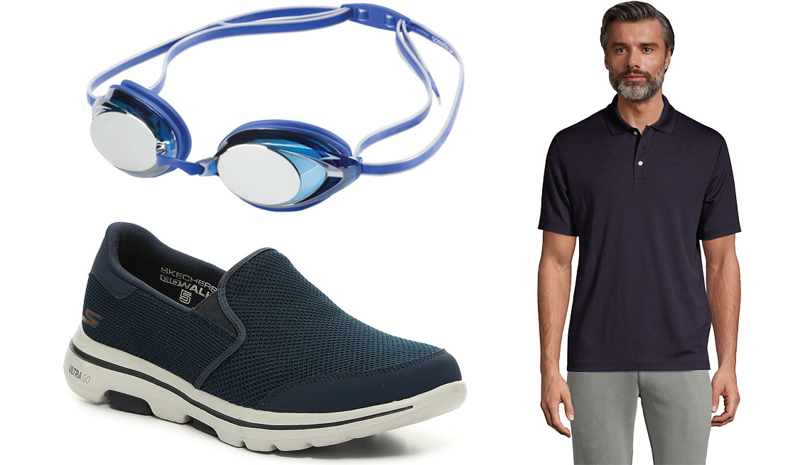 item 3 of Gallery image - Speedo Vanquisher 2.0 Plus Mirrored Swim Goggles in Blue; Lands’ End Men's Short Sleeve Solid Active Polo Shirt in True Navy; Skechers GoWalk5 Slip-On Sneaker in Navy