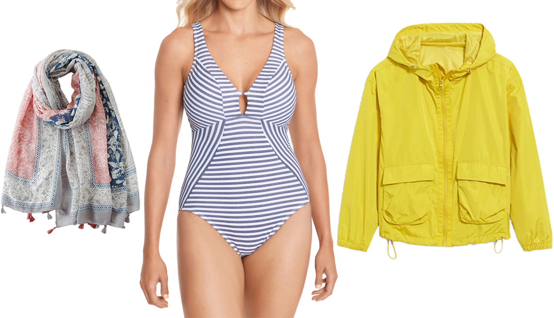 item 3 of Gallery image - GUZOSJO Women’s Bohemian Oversized Scarf in 010-17; Time and Tru Women's and Women's Plus Size Mini Stripe One-Piece Swimsuit in Storm Blue; Old Navy Go-H20 Water-Resistant Hooded Utility Jacket for Women in Golden Glow