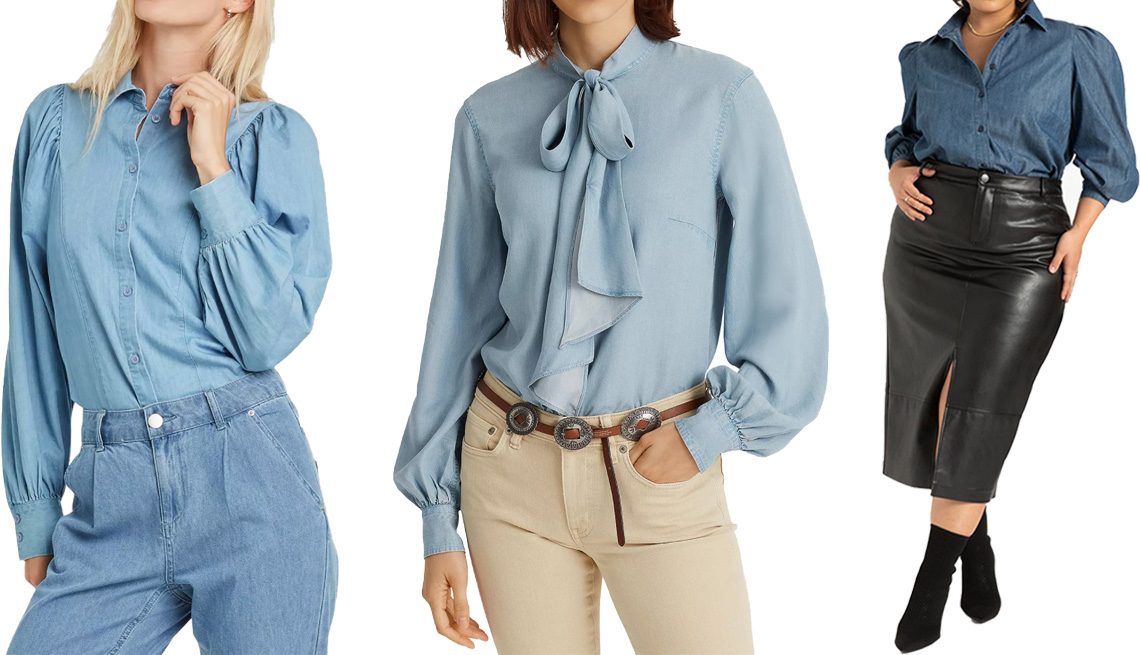 item 5 of Gallery image Who What Wear Women’s Ruffle Long Sleeve Button-Down Shirt; Lauren Ralph Lauren Chambray Bow Neck Top in Indigo Mist Wash; Eloquii Puff Sleeve Chambray Button Down in Medium Wash