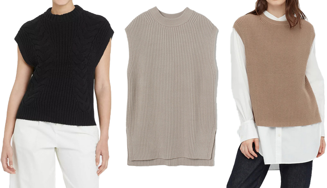 item 4 of Gallery image A New Day Women’s Crewneck Cable Knit Sweater Vest in Black; H&M Oversized Sweater Vest in Taupe; Uniqlo Women Side Slit Vest in 34 Brown