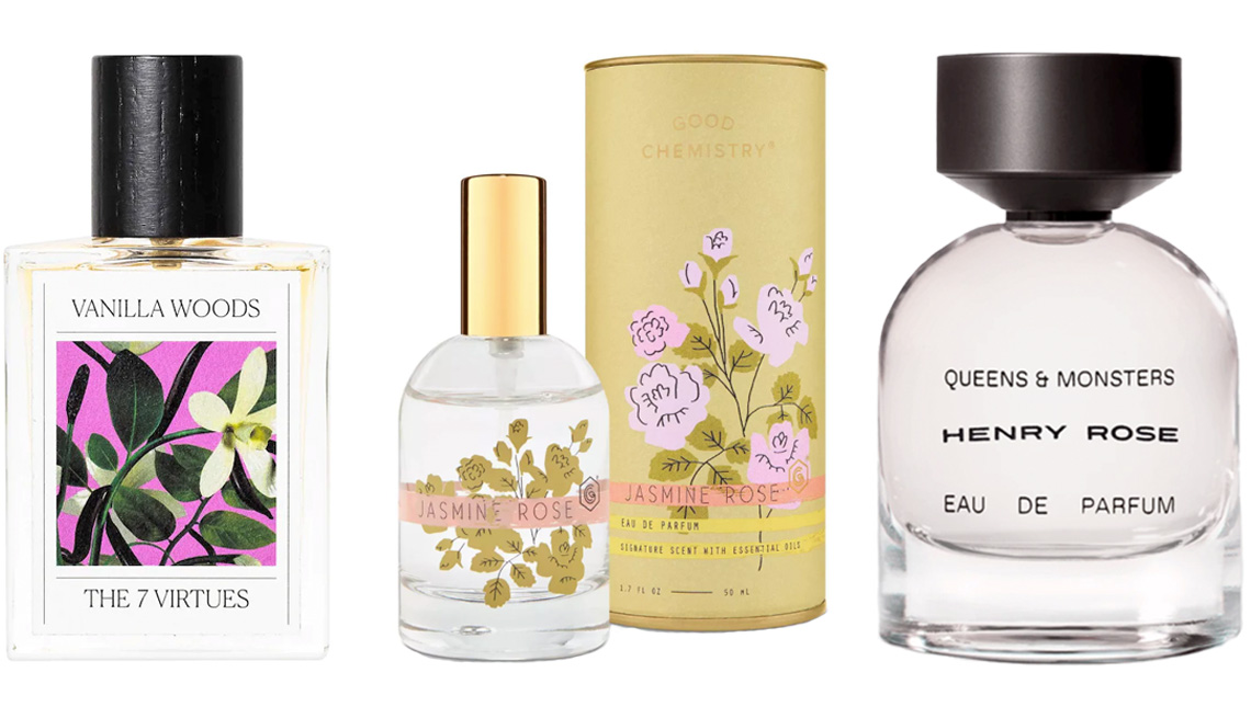 item 5 of Gallery image - (De izquierda a derecha) Vanilla Woods Eau de Parfum de The 7 Virtues; Jasmine Rose Women’s Eau de Perfume de Good Chemistry; Queens & Monsters de Henry Rose.