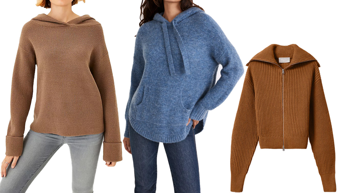 item 3 of Gallery image - Ann Taylor Waffle Hoodie Sweater in Wild Truffle; Wilmington Hoodie Sweater in Heather Denim; Everlane The Chunky Cardigan in Toasted Almond