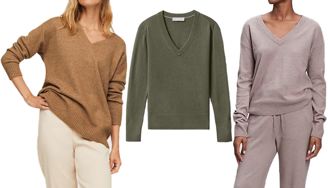 item 1 of Gallery image - Mango V-Neck Knit Sweater in Brown; Everlane The Cashmere V-Neck in Kal﻿amata; Gap Softest V-Neck Sweater in Margate Sand Beige
