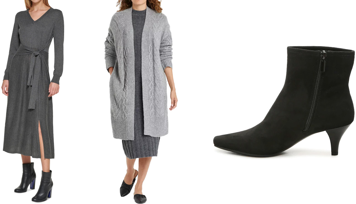 item 8 of Gallery image - Calvin Klein Tie-Waist Midi Sweater Dress; A New Day Women’s Plus Cable-Knit Open Front Cardigan in Charcoal Gray; Impo Nelia Bootie in Black