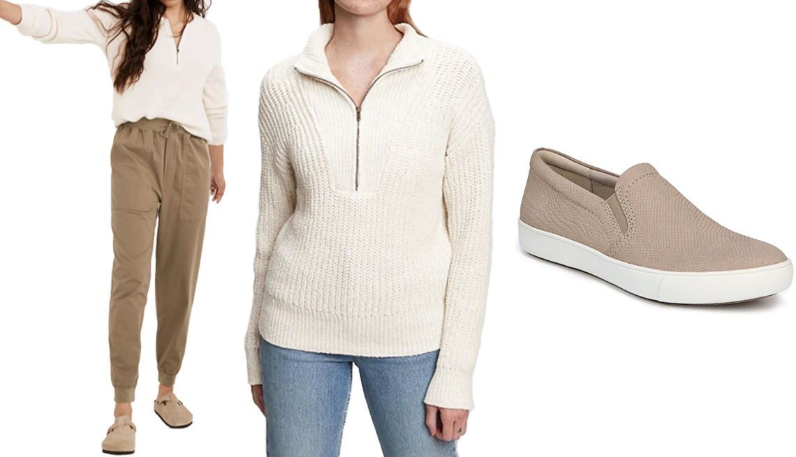 item 3 of Gallery image - Madewell Twill Drawstring Jogger Pants; Gap Cozy Half-Zip Sweater in Stone Beige; Naturalizer Marianne Slip-On Sneaker﻿–Women’s in Tan Embossed Leather