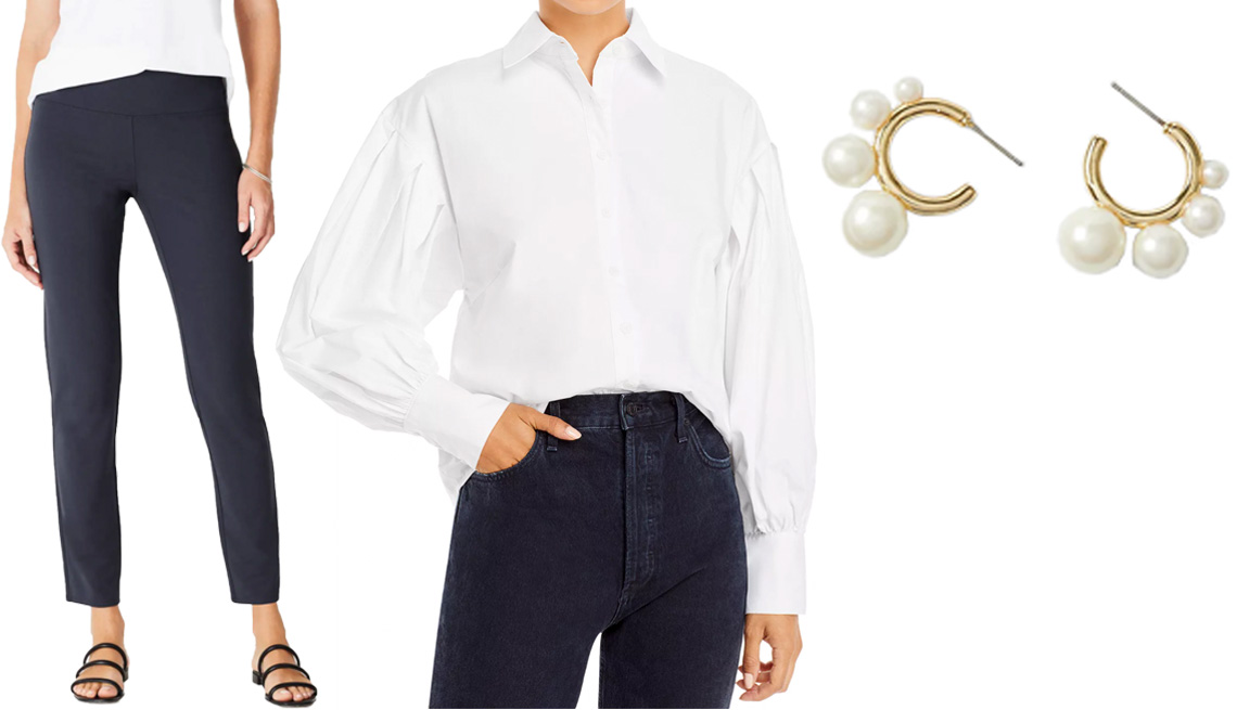 item 7 of Gallery image - J.Jill Wherever Smooth-Fit Slim-Leg Pants in Navy Blue; Aqua x Scout The City Balloon Sleeve Button-Front Shirt in White; Ann Taylor Pearlized Huggie Earrings