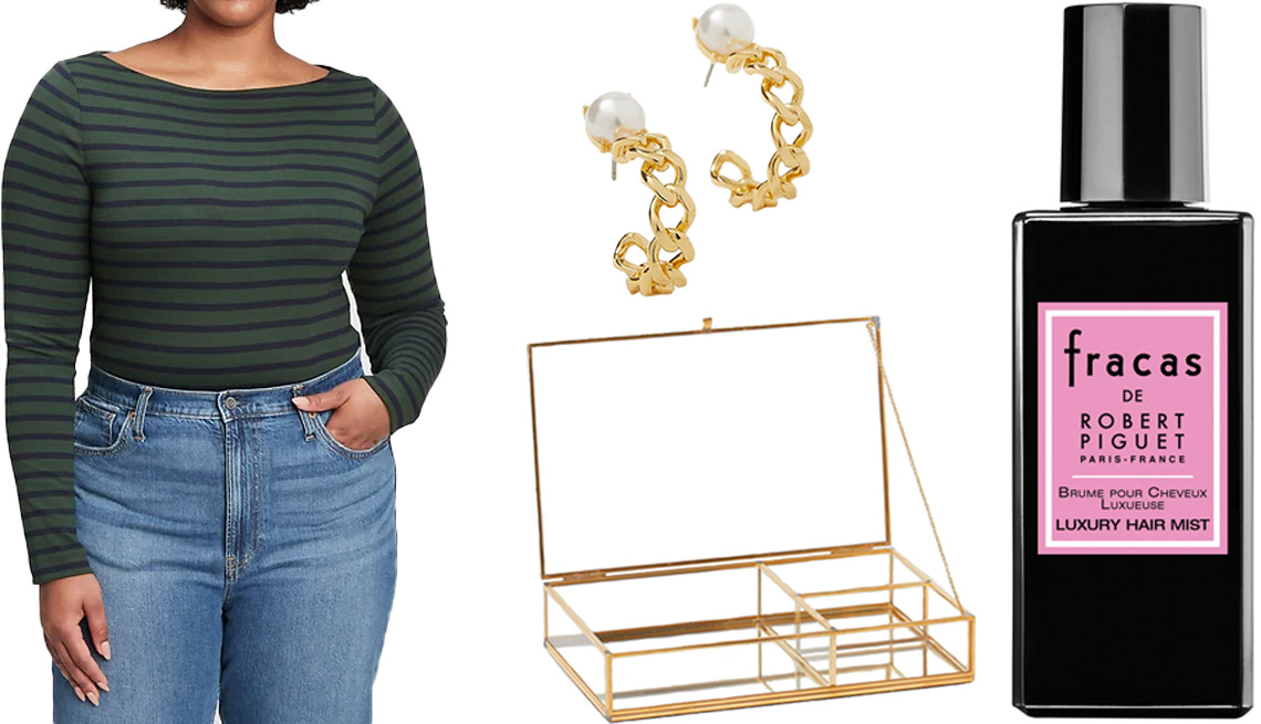 item 4 of Gallery image - Gap Modern Long Sleeve Striped Boatneck T-Shirt in Navy Blue ﻿and Green Stripe; Ann Taylor Pearlized Chain Hoop Earrings; H&M Clear Glass Jewelry Box in Gold-colored; Robert Piguet Fracas Luxury Hair Mist
