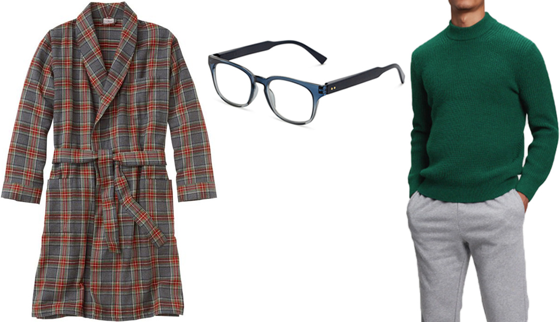item 1 of Gallery image - L.L.Bean Men’s Scotch Plaid Flannel Robe in Grey Stewart; The Hudson Blue Light Reader in Blue/Grey Fade; Gap Merino Shaker-Stitch Mockneck Sweater in Pine Green