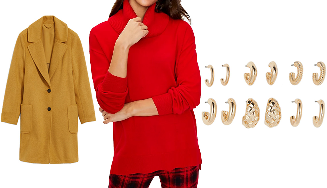 item 8 of Gallery image - Old Navy Oversized Soft-Brushed Overcoat for Women in Sunflower Gold; Loft Cowl Tunic Sweater in Tango Red; H&M 6 Pairs Hoop Earrings in Gold-colored