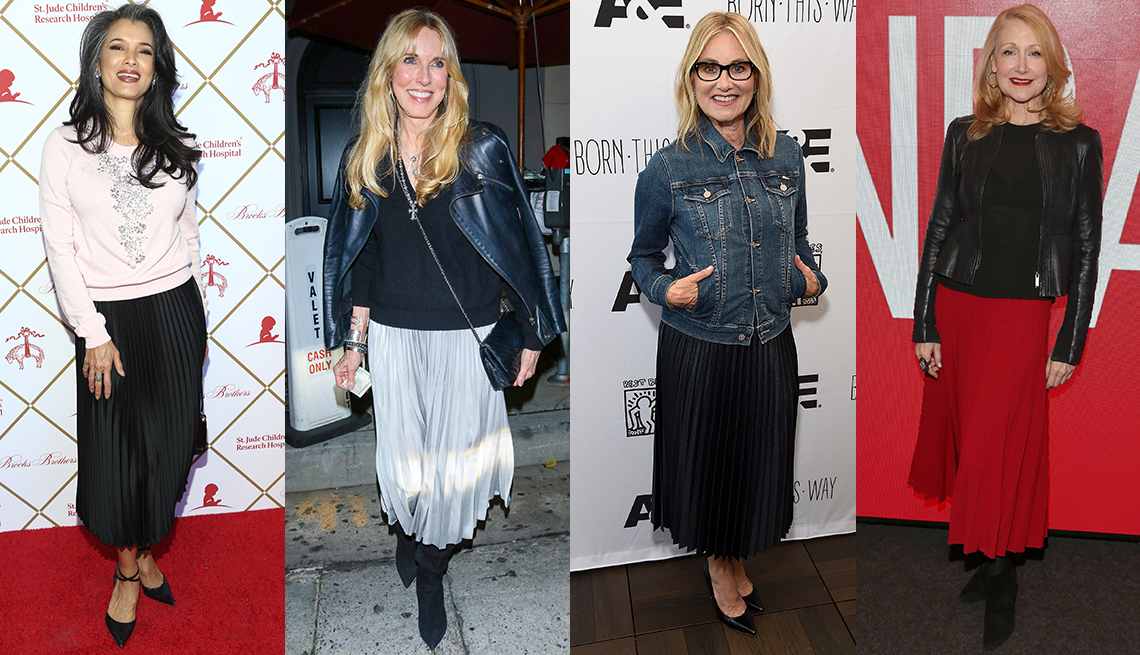 item 2 of Gallery image - celebs wearing denimn or leather jackets with feminine pleated midi skirts