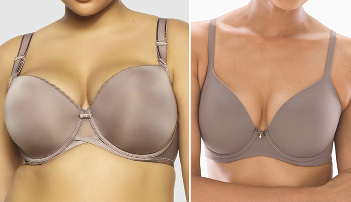 Paramour Women’s Peridot Lace Trim T-Shirt Bra in Mink; Soma Intimates Embraceable Perfect Coverage Bra in Mochaccino
