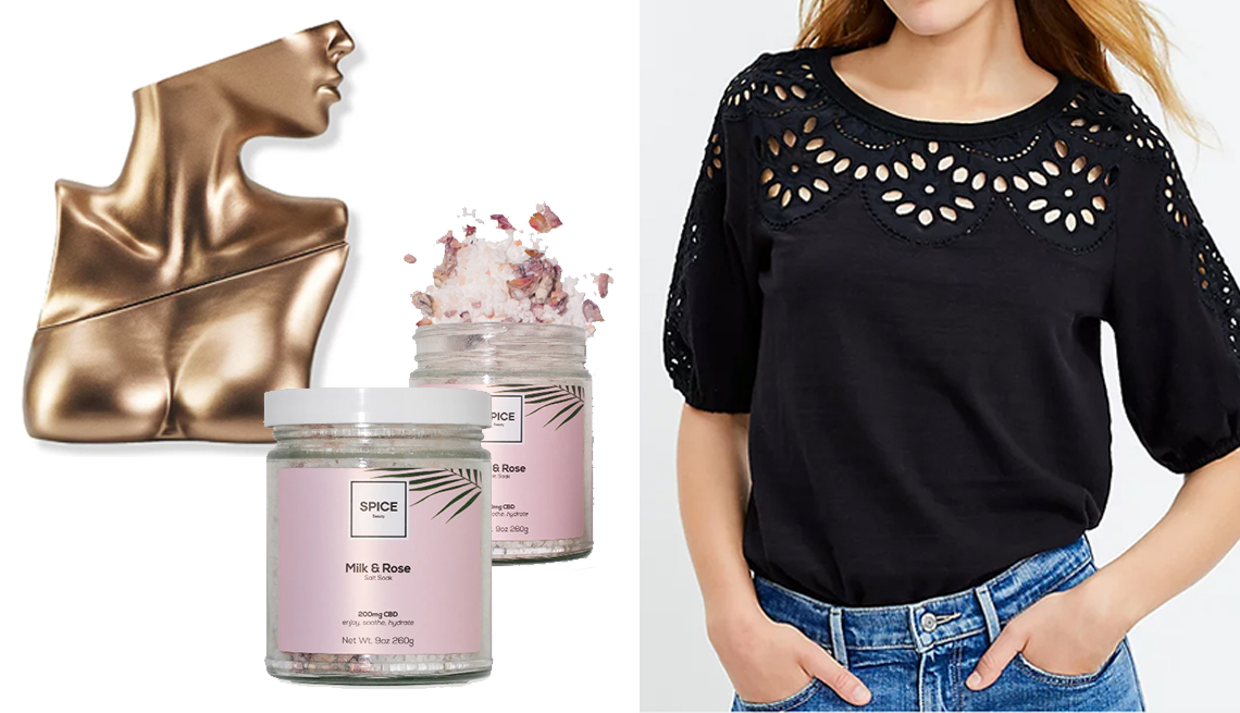 item 1 of Gallery image - (De izquierda a derecha) Perfume de Billie Eilish, salidas de baño de rosa y leche con CBD de Spice Beauty, sudadera negra con ojetes y mangas abombadas de Loft.
