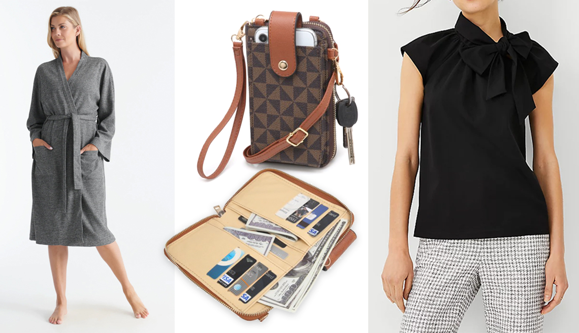 item 8 of Gallery image -  (De izquierda a derecha) Bata de Knix, bolsa cruzada de piel sintética para teléfono móvil y billetera en color café y marrón de Poppy, blusa con lazo en el cuello en color negro de Ann Taylor.