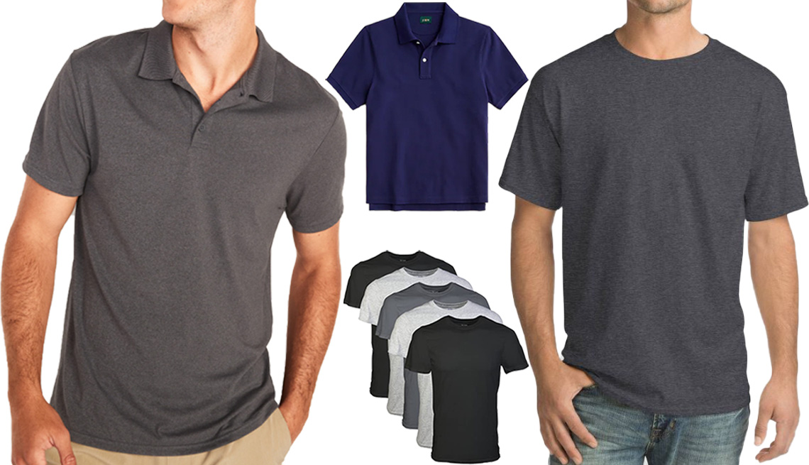 item 9 of Gallery image - Old Navy Go-Dry Cool Odor-Control Core Polo for Men; J.Crew Classic Piqué Polo Shirt in Raw Indigo; anes Men’s Comfort Wash Short-Sleeve T-Shirt Value 4-Pack in Charcoal Heather; Gildan Men’s Crew T-Shirts Multipack in Assorted Black/Grey 4-pack