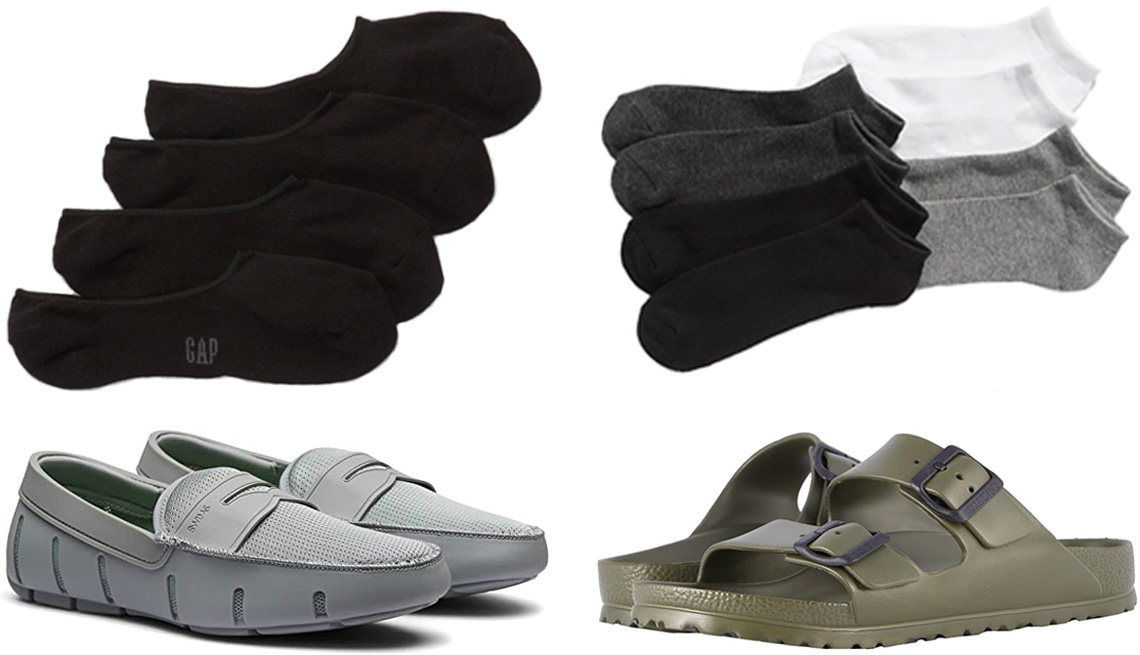 item 5 of Gallery image - Gap No-Show Socks in True Black; Old Navy Low-Cut Socks 4-Pack for Men in Basic Multi-Pack; Birkenstock Arizona Essentials for Men; Swims Men’s Slip-On Washable Penny Loafers