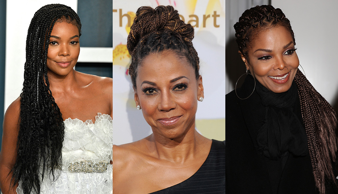 Side by side images of Gabrielle Union, Holly Robinson Peete and Janet Jackson wearing a braided hairstyle