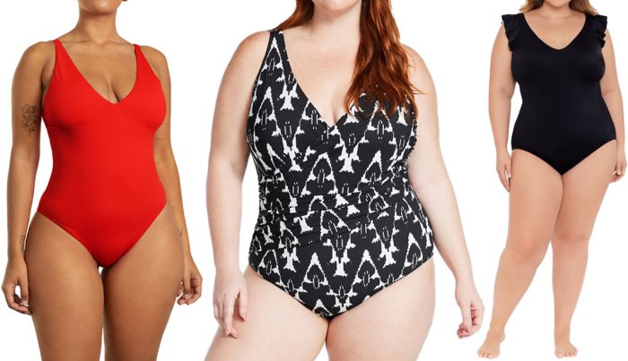 item 7 of Gallery image (De izquierda a derecha) Traje de baño de una pieza The V-Neck One-Piece de Everlane, en rojo brillante; traje de baño de una pieza en talla plus Women's Slimming Slimwear Tanksuit Print de L.L. Bean, en color Black Ikat; traje de bajo de una pieza en talla plus Women's Plus Ruffle Strap One Piece de Time and Tru, en negro intenso.