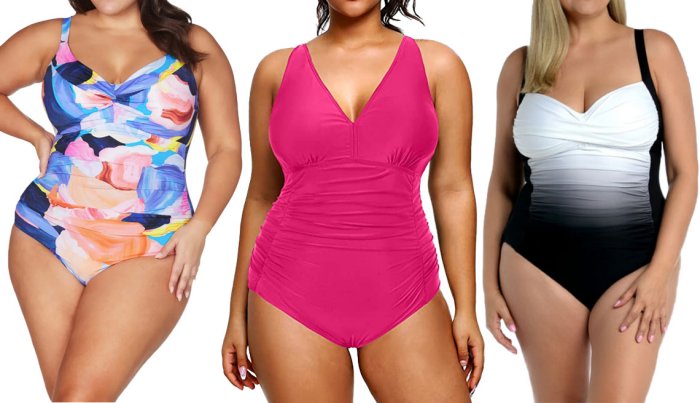 item 4 of Gallery image (De izquierda a derecha) Traje de baño de una pieza con aros Monet D & DD Cup One-Piece Underwire Swimsuit con copa D y DD de Arte a La Rue Monet, en morado; traje de baño con escote en V en talla plus Women’s Plus Size V-Neck Retro Ruched Swimsuit de Aqua Eve, en rosa intenso; traje de baño de una pieza en talla plus Women’s One-Piece Swimsuit Plus de Sonnet Shores, en blanco y negro.