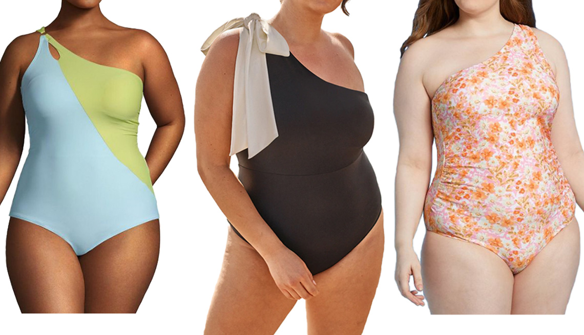 item 3 of Gallery image - Lands’ End Women’s Plus One-Shoulder One-Piece Swimsuit with Adjustable Strap in Paradise Aqua/Lemon Lime; Summersalt The Bow-Shoulder Ruched Sidestroke in Sea Urchin & White Sand; Kona Sol Women’s One Shoulder High Coverage One Piece Swimsuit in Multicolor