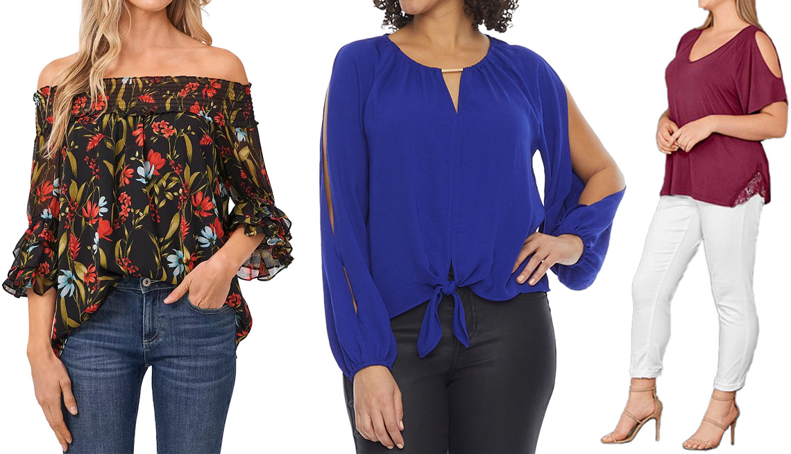 item 7 of Gallery image - CeCe Printed Off The Shoulder Top in Rich Black; Bold Elements Women’s Keyhole Neck Long Sleeve Blouse in Verve Violet; Venus Plus-Size Cold Shoulder Top in Red