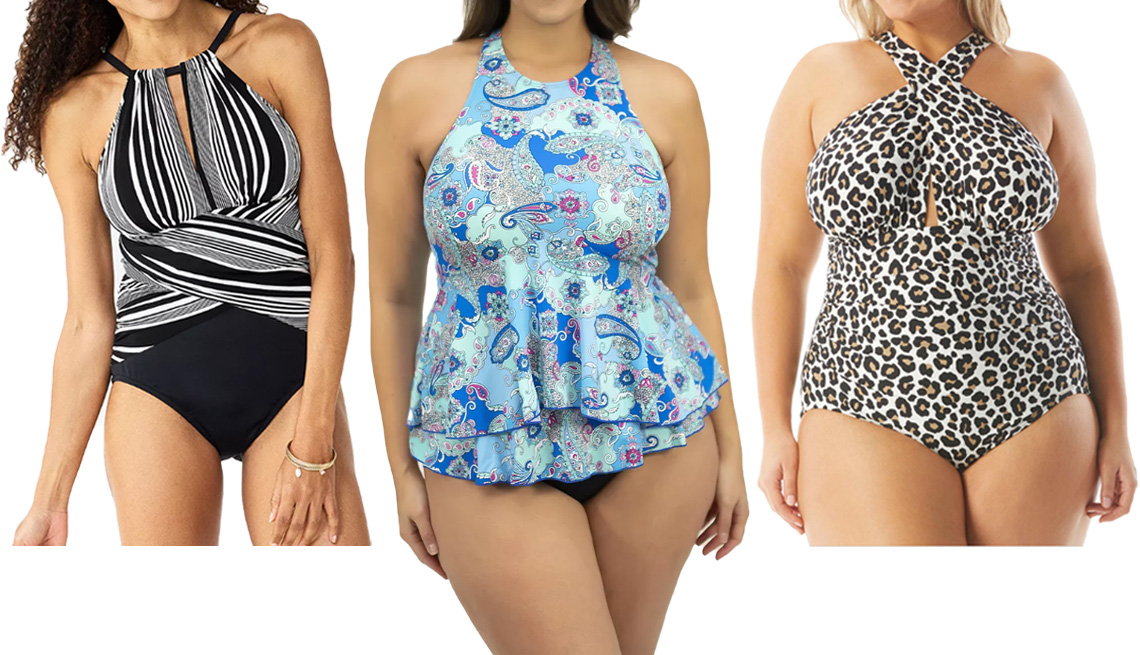 item 9 of Gallery image - Bal Harbour Women’s Draped High Neck D-Cup One-Piece Swimsuit; A Shore Fit Plus Size Avalon High-Neck Tiered Tankini Top; MICHAEL Michael Kors Plus-Size Animal-Print Shirred One-Piece Swimsuit in Khaki